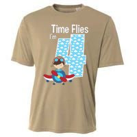 Time Flies I'm 4 4th Birthday Airplane Plane Pilot Flying Cooling Performance Crew T-Shirt