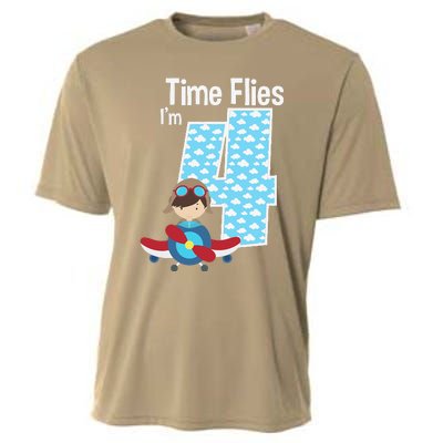 Time Flies I'm 4 4th Birthday Airplane Plane Pilot Flying Cooling Performance Crew T-Shirt