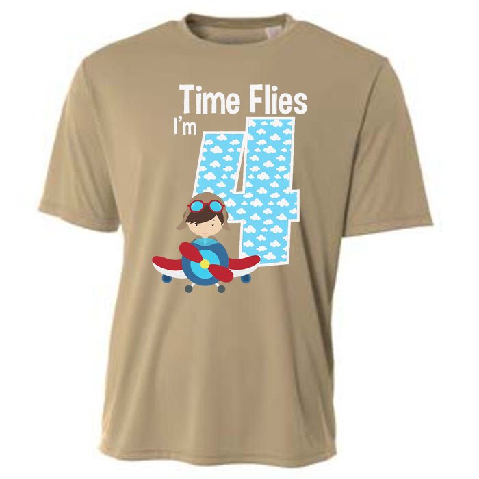 Time Flies I'm 4 4th Birthday Airplane Plane Pilot Flying Cooling Performance Crew T-Shirt