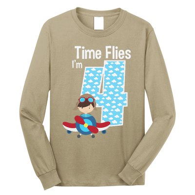 Time Flies I'm 4 4th Birthday Airplane Plane Pilot Flying Long Sleeve Shirt