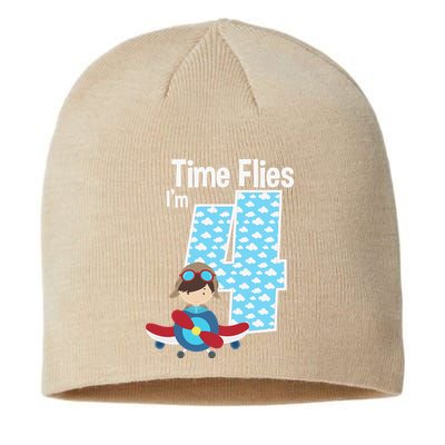 Time Flies I'm 4 4th Birthday Airplane Plane Pilot Flying Sustainable Beanie