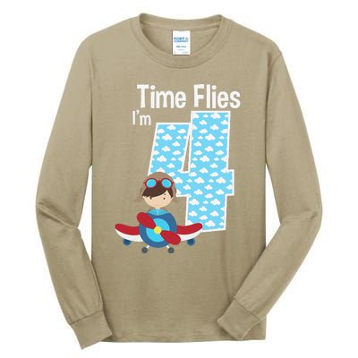 Time Flies I'm 4 4th Birthday Airplane Plane Pilot Flying Tall Long Sleeve T-Shirt