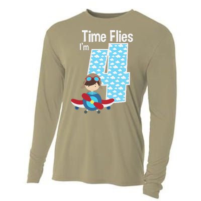 Time Flies I'm 4 4th Birthday Airplane Plane Pilot Flying Cooling Performance Long Sleeve Crew