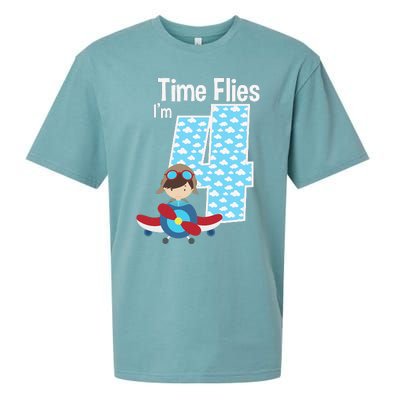 Time Flies I'm 4 4th Birthday Airplane Plane Pilot Flying Sueded Cloud Jersey T-Shirt