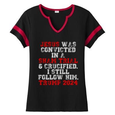 Trump Felon Jesus Convicted Follow Him Christian Trump 2024 Great Gift Ladies Halftime Notch Neck Tee