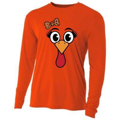 Turkey Face Leopard Print Bow Thanksgiving Gift Cooling Performance Long Sleeve Crew