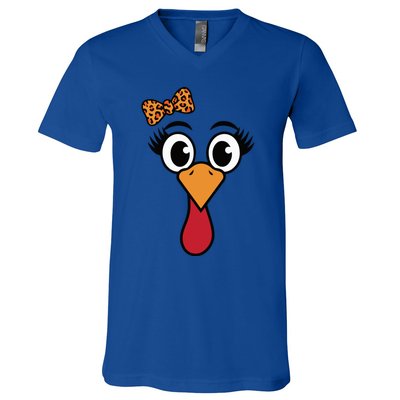 Turkey Face Leopard Print Bow Thanksgiving Gift V-Neck T-Shirt