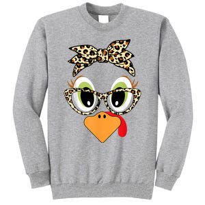 Turkey Face Leopard Headband Glasses Thanksgiving Women Girl Tall Sweatshirt