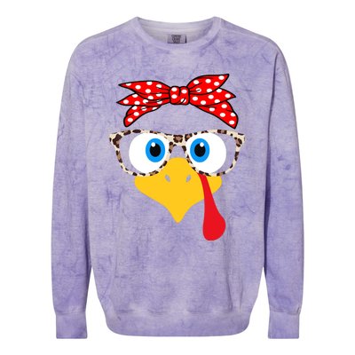 Turkey Face Leopard Print Glasses Thanksgiving Wo Girl Colorblast Crewneck Sweatshirt