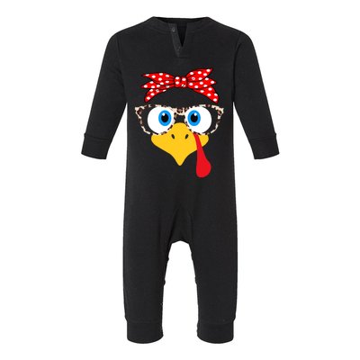 Turkey Face Leopard Print Glasses Thanksgiving Wo Girl Infant Fleece One Piece