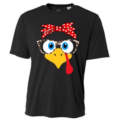 Turkey Face Leopard Print Glasses Thanksgiving Wo Girl Cooling Performance Crew T-Shirt