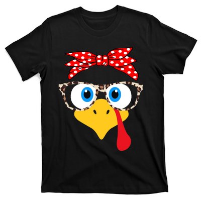 Turkey Face Leopard Print Glasses Thanksgiving Wo Girl T-Shirt