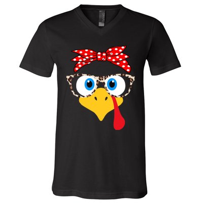 Turkey Face Leopard Print Glasses Thanksgiving Wo Girl V-Neck T-Shirt