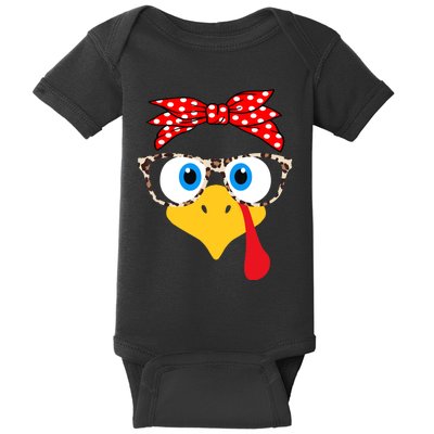 Turkey Face Leopard Print Glasses Thanksgiving Wo Girl Baby Bodysuit