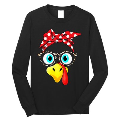 Turkey Face Leopard Print Glasses Thanksgiving Long Sleeve Shirt