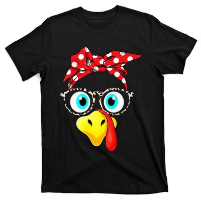 Turkey Face Leopard Print Glasses Thanksgiving T-Shirt