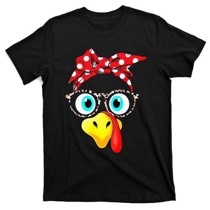 Turkey Face Leopard Print Glasses Thanksgiving T-Shirt