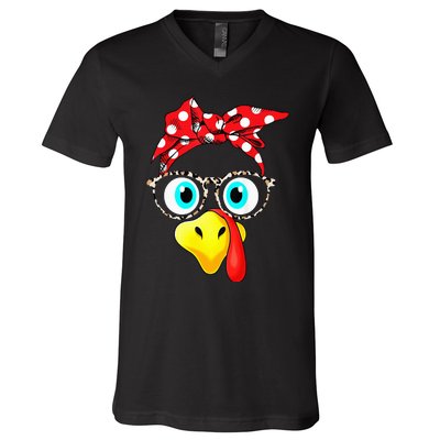 Turkey Face Leopard Print Glasses Thanksgiving V-Neck T-Shirt