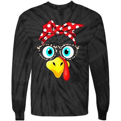 Turkey Face Leopard Print Glasses Thanksgiving Tie-Dye Long Sleeve Shirt