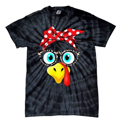 Turkey Face Leopard Print Glasses Thanksgiving Tie-Dye T-Shirt