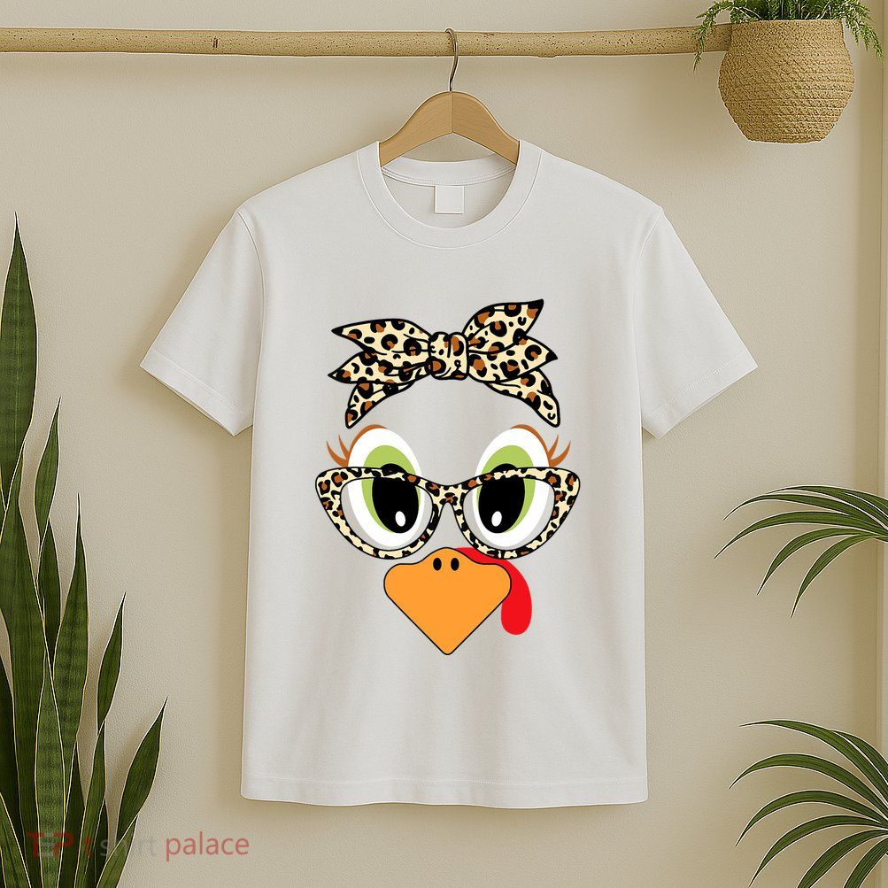 Turkey Face Leopard Headband Glasses Thanksgiving T-Shirt
