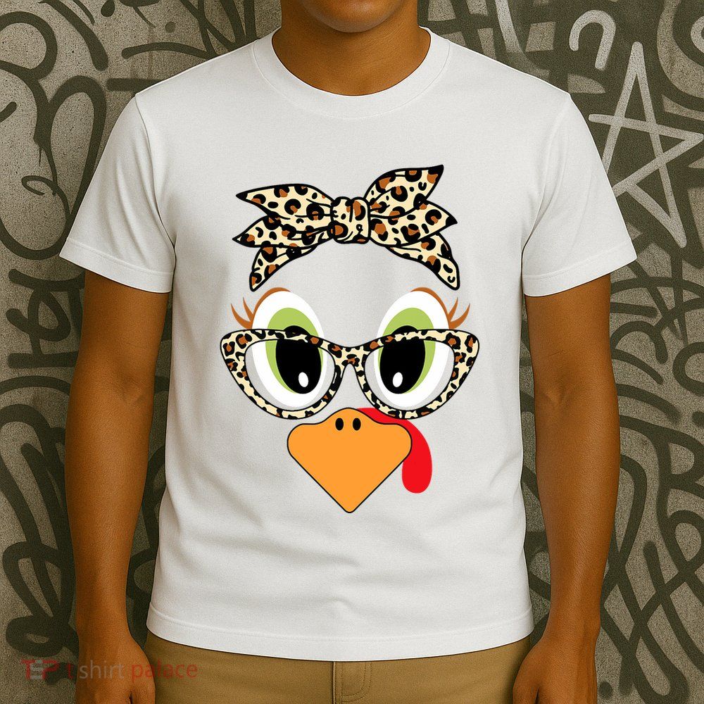 Turkey Face Leopard Headband Glasses Thanksgiving T-Shirt