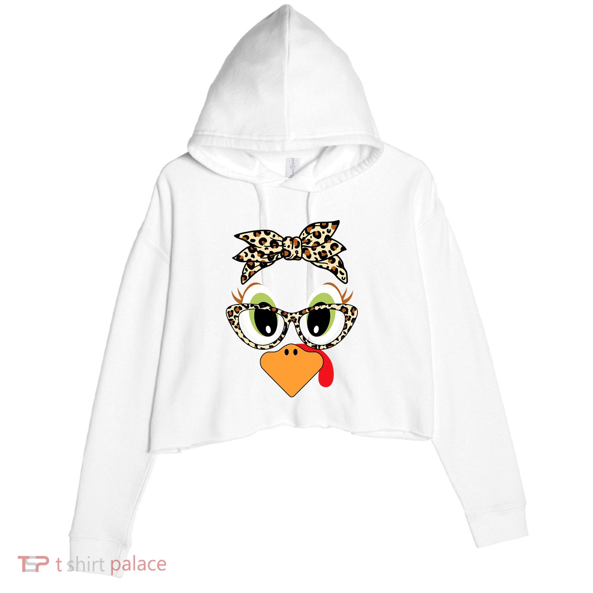 Turkey Face Leopard Headband Glasses Thanksgiving Crop Fleece Hoodie