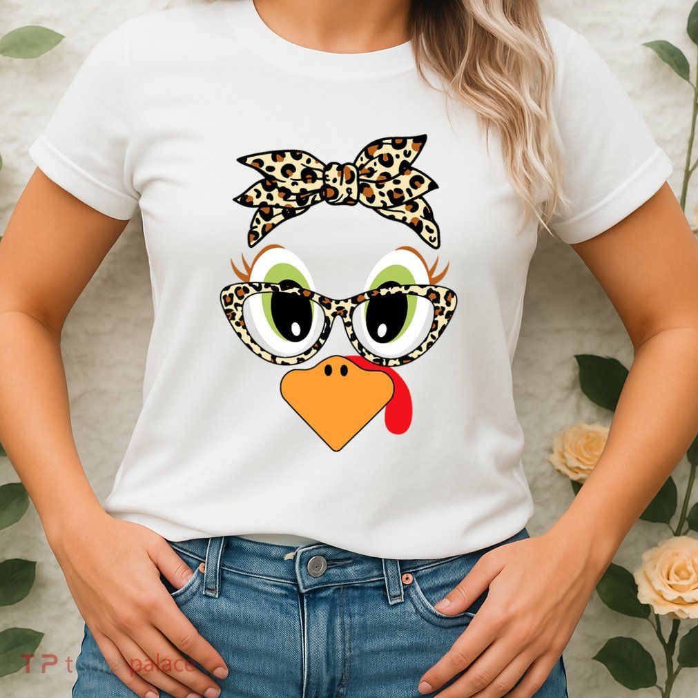 Turkey Face Leopard Headband Glasses Thanksgiving Womens T-Shirt