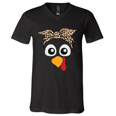 Turkey Face Leopard Headband Thanksgiving Pilgrim V-Neck T-Shirt