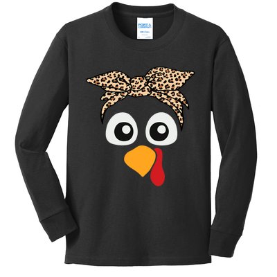 Turkey Face Leopard Headband Thanksgiving Pilgrim Kids Long Sleeve Shirt