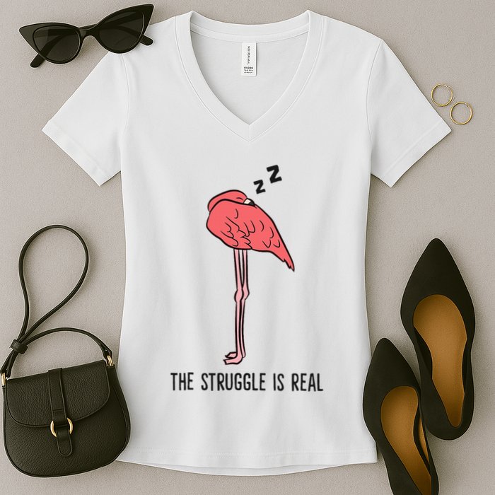 Tired Flamingo Lazy Flamingo The Struggle Is Real Women's V-Neck T-Shirt