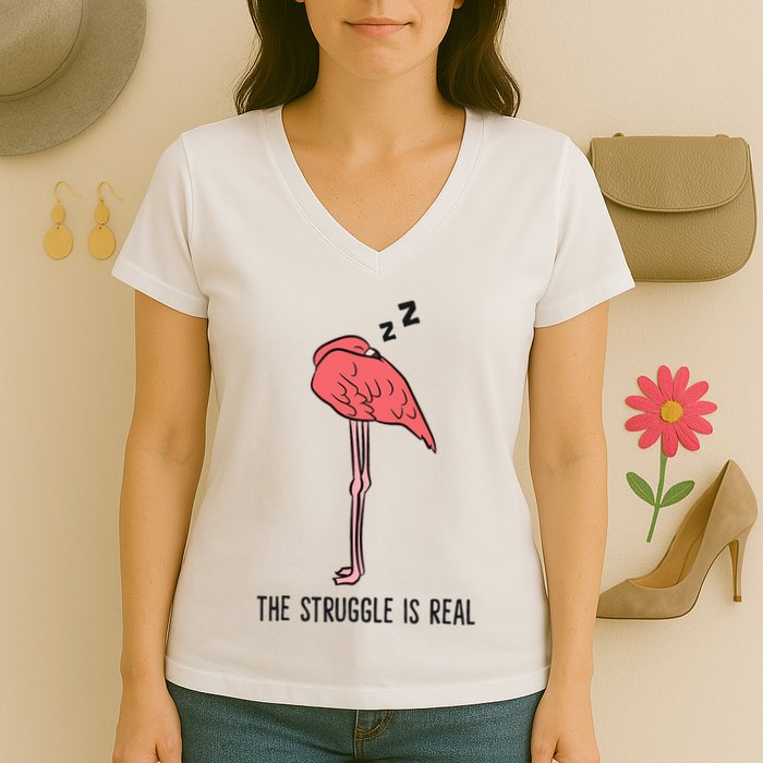 Tired Flamingo Lazy Flamingo The Struggle Is Real Women's V-Neck T-Shirt