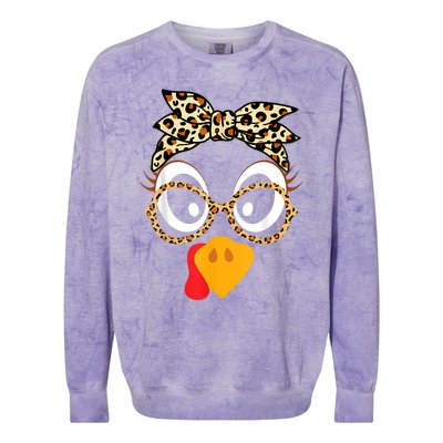 Turkey Face Leopard Headband Glasses Thanksgiving Women Girl Colorblast Crewneck Sweatshirt