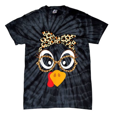 Turkey Face Leopard Headband Glasses Thanksgiving Women Girl Tie-Dye T-Shirt