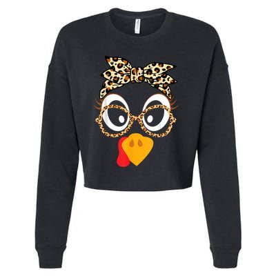 Turkey Face Leopard Headband Glasses Thanksgiving Women Girl Cropped Pullover Crew