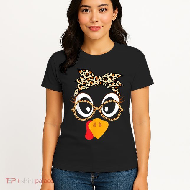 Turkey Face Leopard Headband Glasses Thanksgiving Women Girl Womens T-Shirt