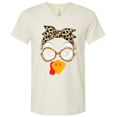 Turkey Face Leopard Headband Glasses Thanksgiving Women Girl V-Neck T-Shirt