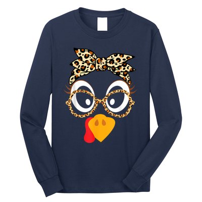 Turkey Face Leopard Headband Glasses Thanksgiving Women Girl Long Sleeve Shirt