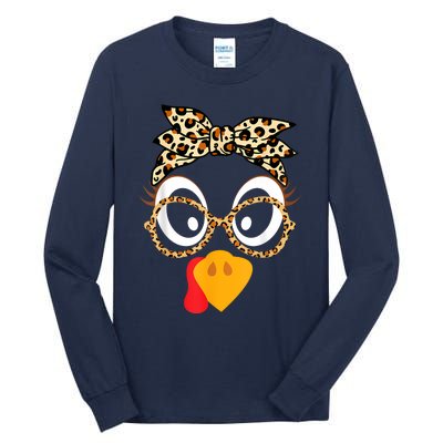 Turkey Face Leopard Headband Glasses Thanksgiving Women Girl Tall Long Sleeve T-Shirt