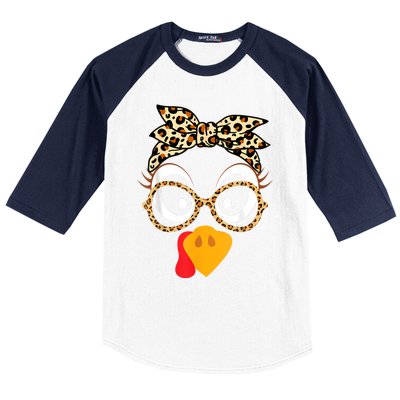 Turkey Face Leopard Headband Glasses Thanksgiving Women Girl Baseball Sleeve Shirt