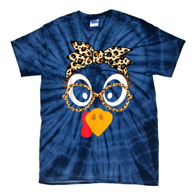 Turkey Face Leopard Headband Glasses Thanksgiving Women Girl Tie-Dye T-Shirt