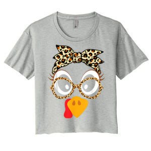 Turkey Face Leopard Headband Glasses Thanksgiving Women Girl Women's Crop Top Tee