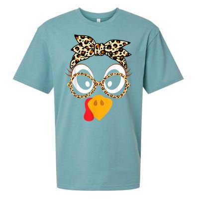 Turkey Face Leopard Headband Glasses Thanksgiving Women Girl Sueded Cloud Jersey T-Shirt