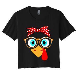 Turkey Face Leopard Print Glasses Thanksgiving Women's Crop Top Tee