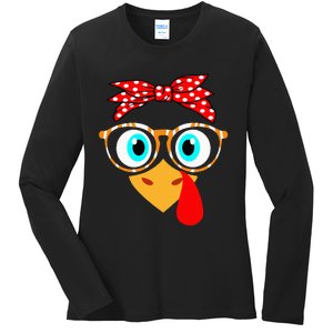 Turkey Face Leopard Print Glasses Thanksgiving Ladies Long Sleeve Shirt