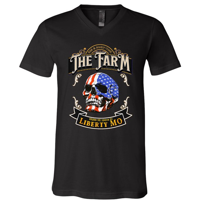 The Farm Liberty Missouri USA Bar Honkytonk American Skull V-Neck T-Shirt