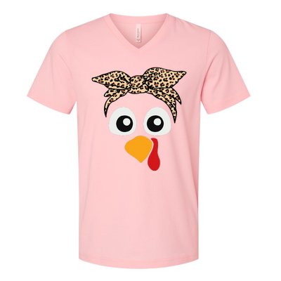 Turkey Face Leopard Headband Thanksgiving Pilgrim V-Neck T-Shirt