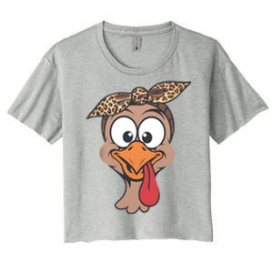 Turkey Face Leopard Headband Thanksgiving Pilgrim Gift Women's Crop Top Tee