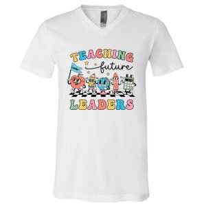 Teaching Future Leaders Back To School Kindergarten Teacher Groovy V-Neck T-Shirt