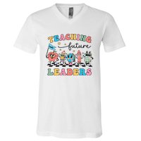 Teaching Future Leaders Back To School Kindergarten Teacher Groovy V-Neck T-Shirt